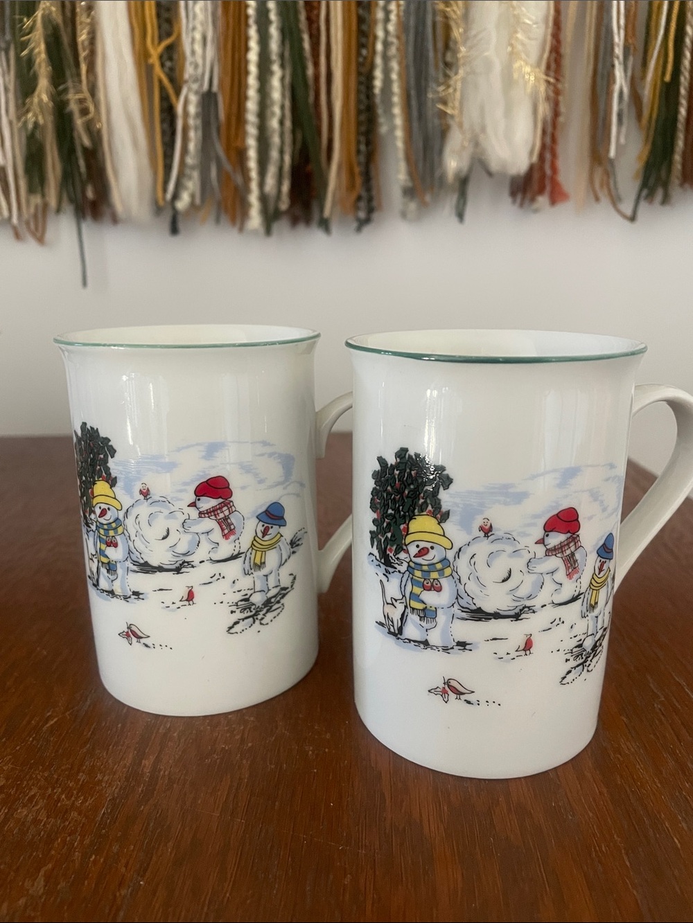 White Snowman Holiday Ceramic Mugs with Green Rim - Set of 2